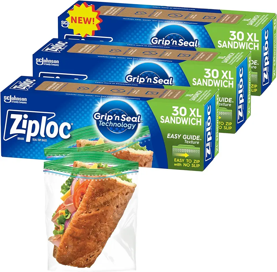 Ziploc XL Sandwich and Snack Bags with EasyGuide Texture, Plastic Storage Bags with Grip &#x27;n Seal Technology, 90 Bags Total