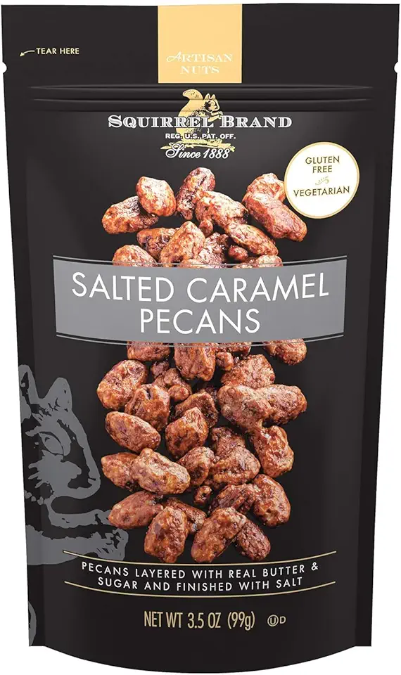 Squirrel Brand Salted Caramel Pecans. 3.5 oz Resealable Bag, Gluten Free, Vegetarian