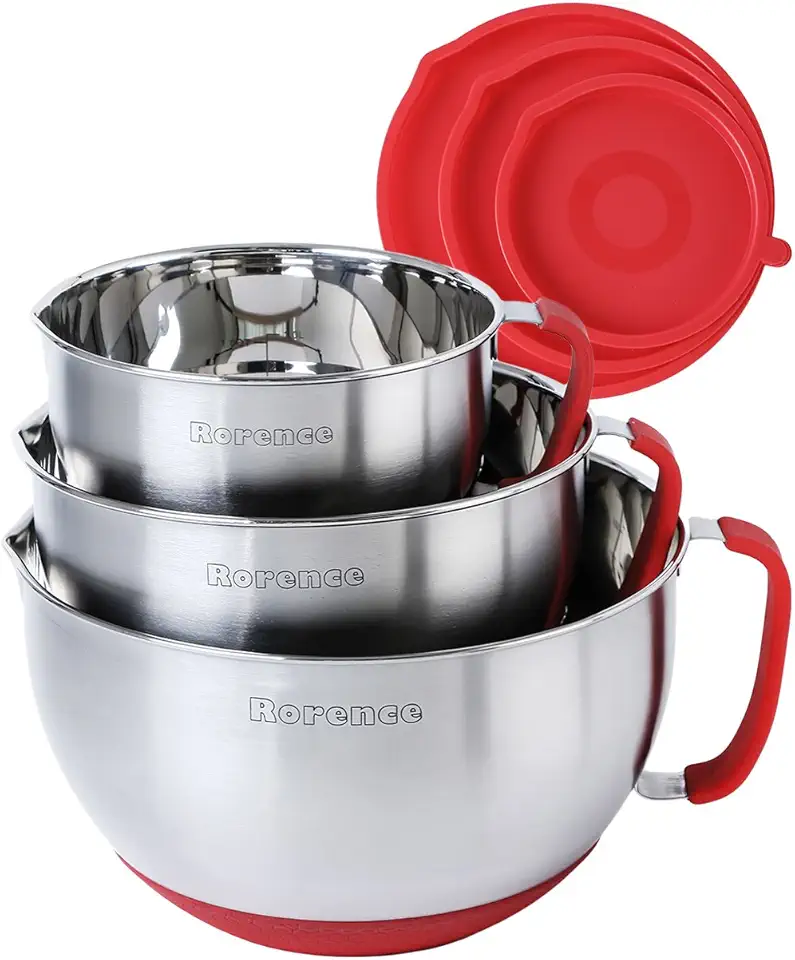 Rorence Mixing Bowls with Lids Set: Stainless Steel Mixing Bowls with Handles, Non-Slip Bottom &amp; Pour Spout - Red, 3 quarts