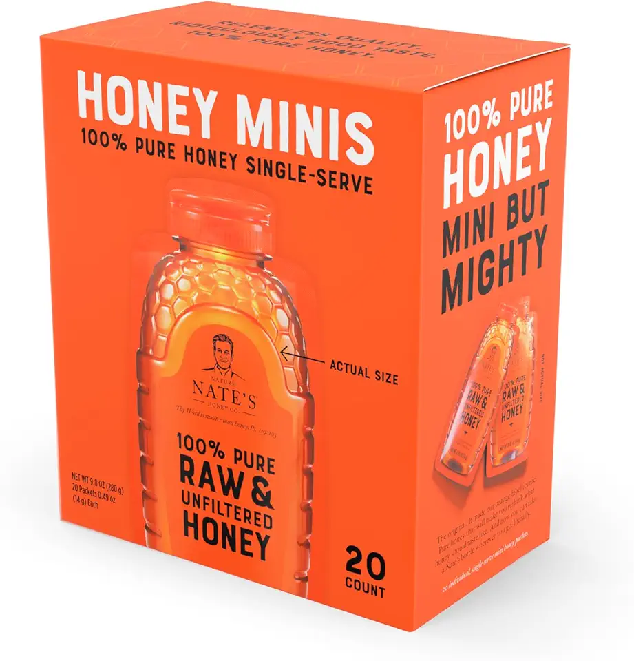 Nate&#x27;s Honey Minis - Single-Serve 100% Pure, Raw &amp; Unfiltered Honey – 0.49oz Packets, 20ct box