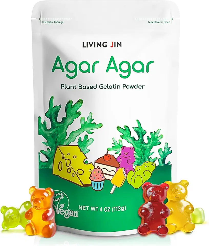 LIVING JIN Agar Agar Powder (4oz) Vegan Gelatin Substitute, Certified Gluten-free, Non-GMO, 100%, Sugar-free, Halal, Desserts, 100% Natural Red Algae