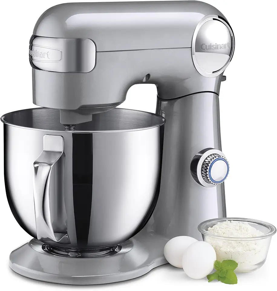 Cuisinart Stand Mixer, 12 Speeds, 5.5-Quart Mixing Bowl, Chef&#x27;s Whisk, Flat Mixing Paddle, Dough Hook, and Splash Guard with Pour Spout, Silver Lining, SM-50BC, Silver Lining