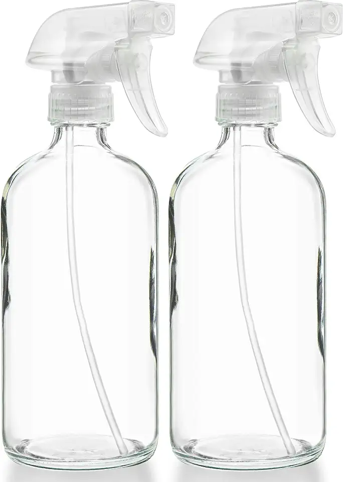 Sally&#x27;s Organics® Empty Clear Glass Spray Bottles - Refillable 16 oz Containers for Essential Oils, Cleaning Products, Aromatherapy, Misting Plants, or Cooking - Sprayer with Mist and Stream - 2 Pack