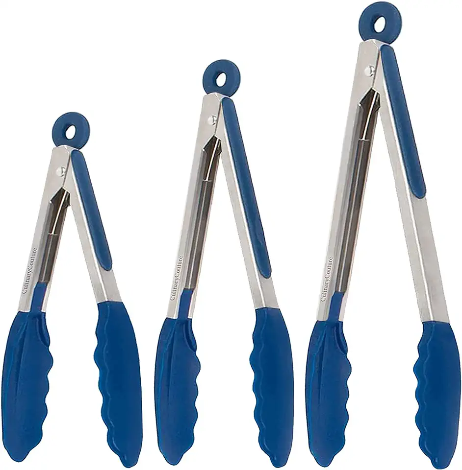 Silicone Kitchen Tongs with Silicone Tips, Set of 3 Heat Resistant Tongs for Serving Food, 7-Inch, 9-Inch, 12-Inch Locking Silicone Tongs for Cooking Tongs, Salad Tongs, Blue Kitchen Utensils