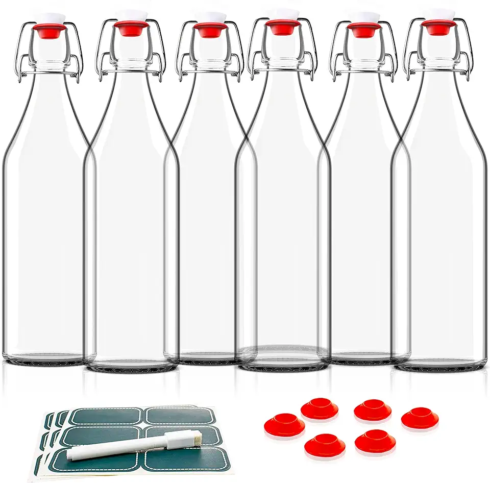 Otis Classic Swing Top Glass Bottles - Set of 6, 16oz w/Marker &amp; Labels - Clear Bottle with Caps for Juice, Water, Kombucha, Wine, Beer Brewing, Kefir Milk or Eggnog