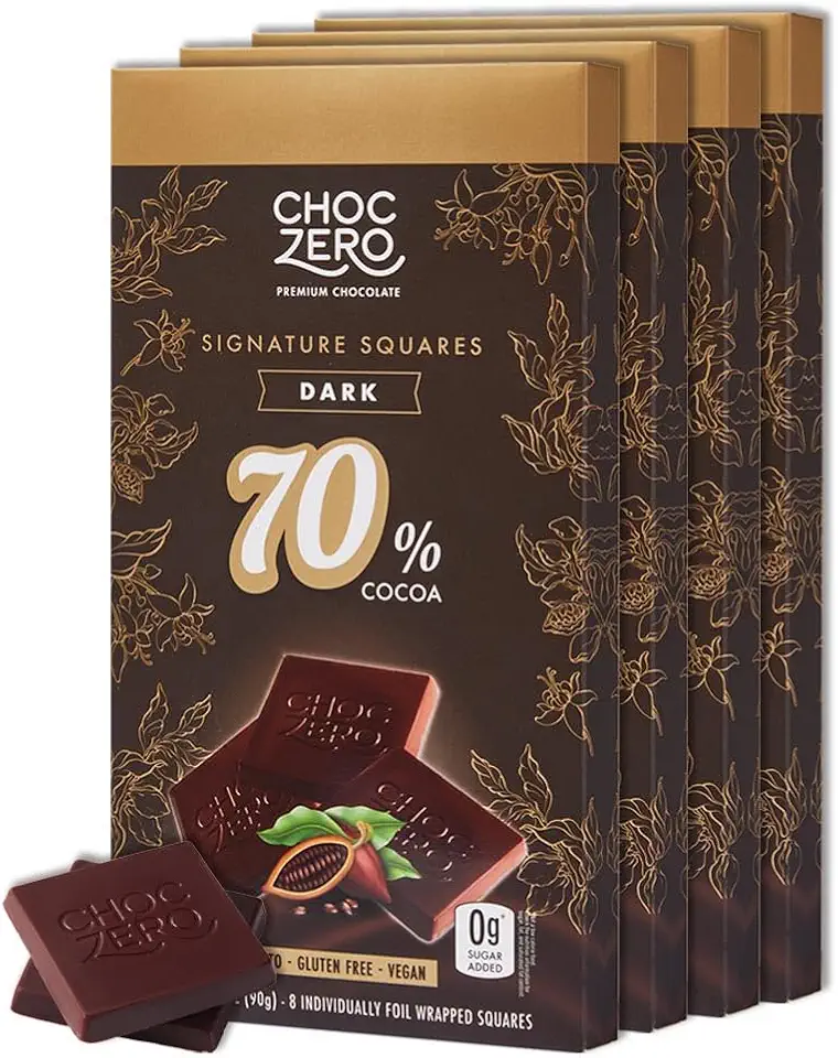 ChocZero 70% Dark Chocolate, Sugar free, Low Carb. No Sugar Alcohol, No Artificial Sweetener, All Natural, Non-GMO, 3.2 Ounce (Pack of 4)