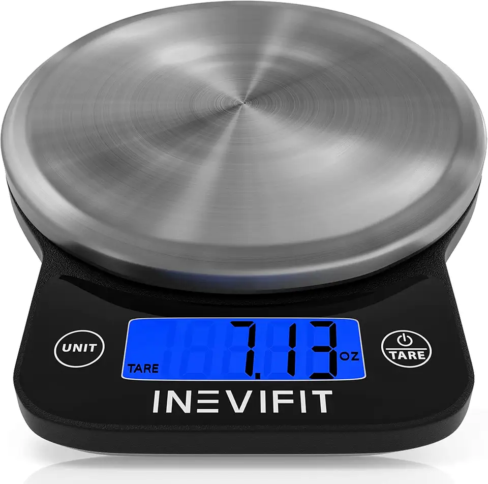 INEVIFIT Digital Kitchen Scale, Highly Accurate Multifunction Food Scale 13 lbs 6kgs Max, Clean Modern Black with Premium Stainless Steel Finish. Includes Batteries