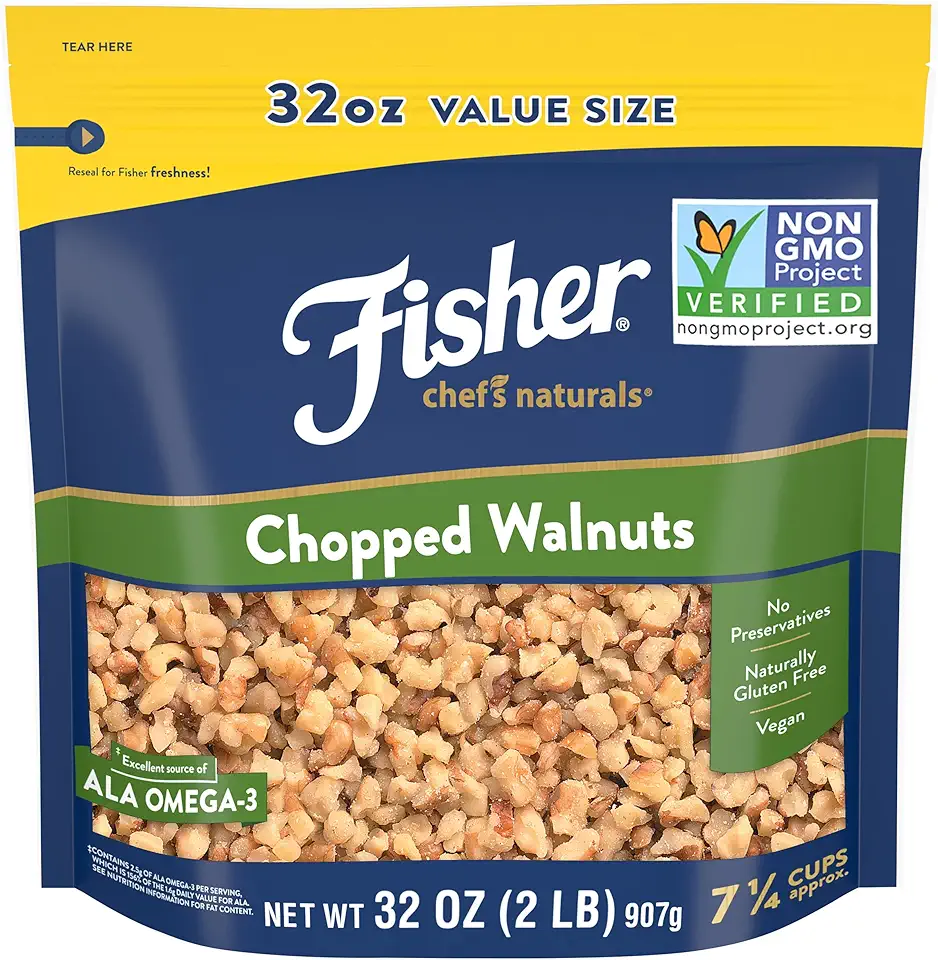 Fisher Chef&#x27;s Naturals Chopped Walnuts 2lb, 100% California Unsalted Walnuts for Baking &amp; Cooking, Snack Topping, Resealable Bag, Great with Yogurt &amp; Cereal, Vegan Protein, Keto Snack