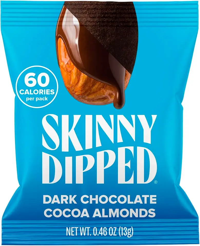 SkinnyDipped Dark Chocolate Cocoa Almonds, Healthy Snack, Plant Protein, Gluten Free, 0.46 oz Mini Bags, Pack of 24