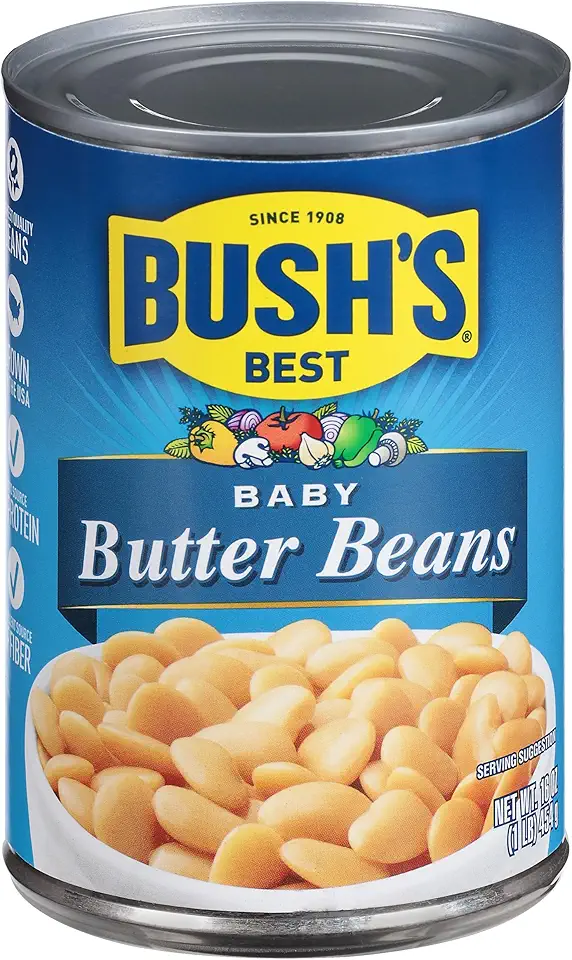 BUSH&#x27;S BEST 16 oz Canned Baby Butter Beans, Source of Plant Based Protein and Fiber, Low Fat, Gluten Free, (Pack of 12)