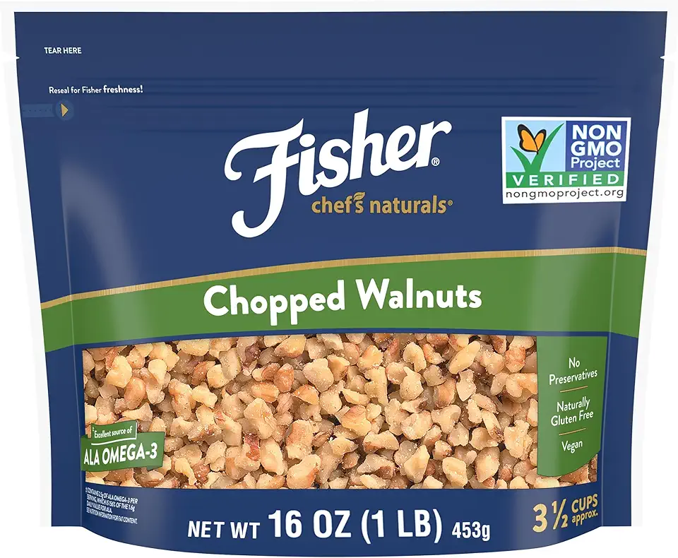 Fisher Chef&#x27;s Naturals Chopped Walnuts 1 lb, 100% California Unsalted Walnuts for Baking &amp; Cooking, Snack Topping, Resealable Bag, Great with Yogurt &amp; Cereal, Vegan Protein, Keto Snack, Gluten Free