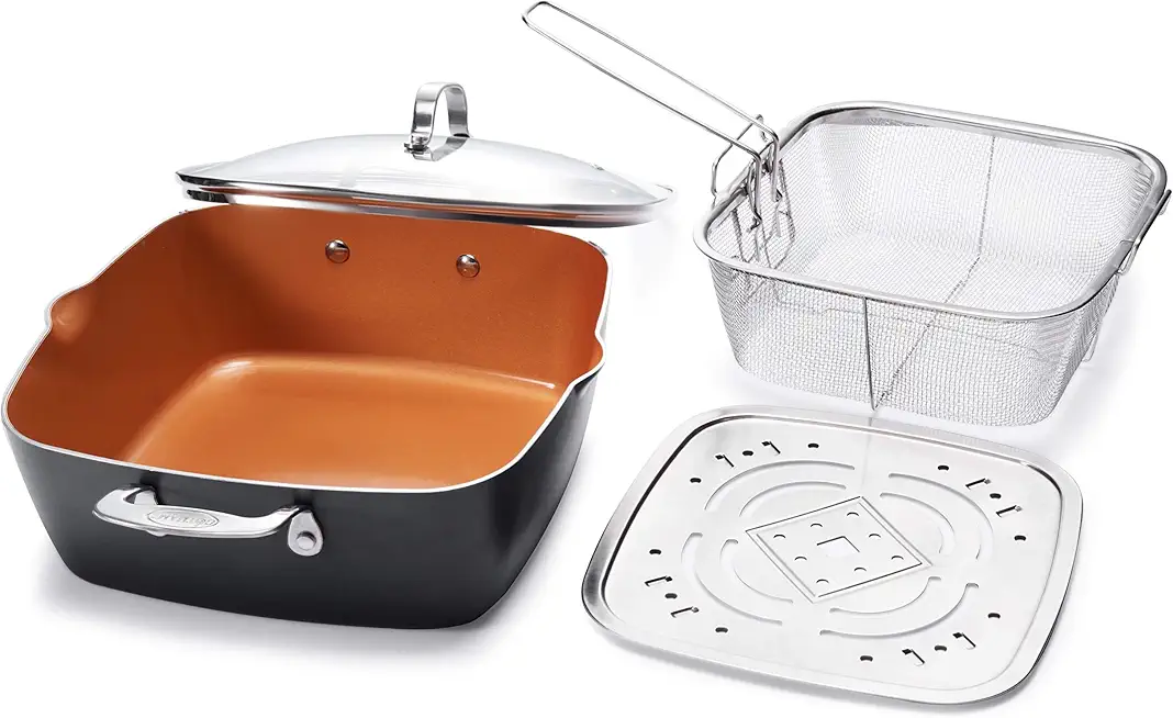 GOTHAM STEEL - 6 Quart XL Nonstick Copper Deep Square All in One 6 Qt Casserole Chef’s Pan &amp; Stock Pot- 4 Piece Set, Includes Frying Basket and Steamer Tray, Dishwasher Safe,Brown