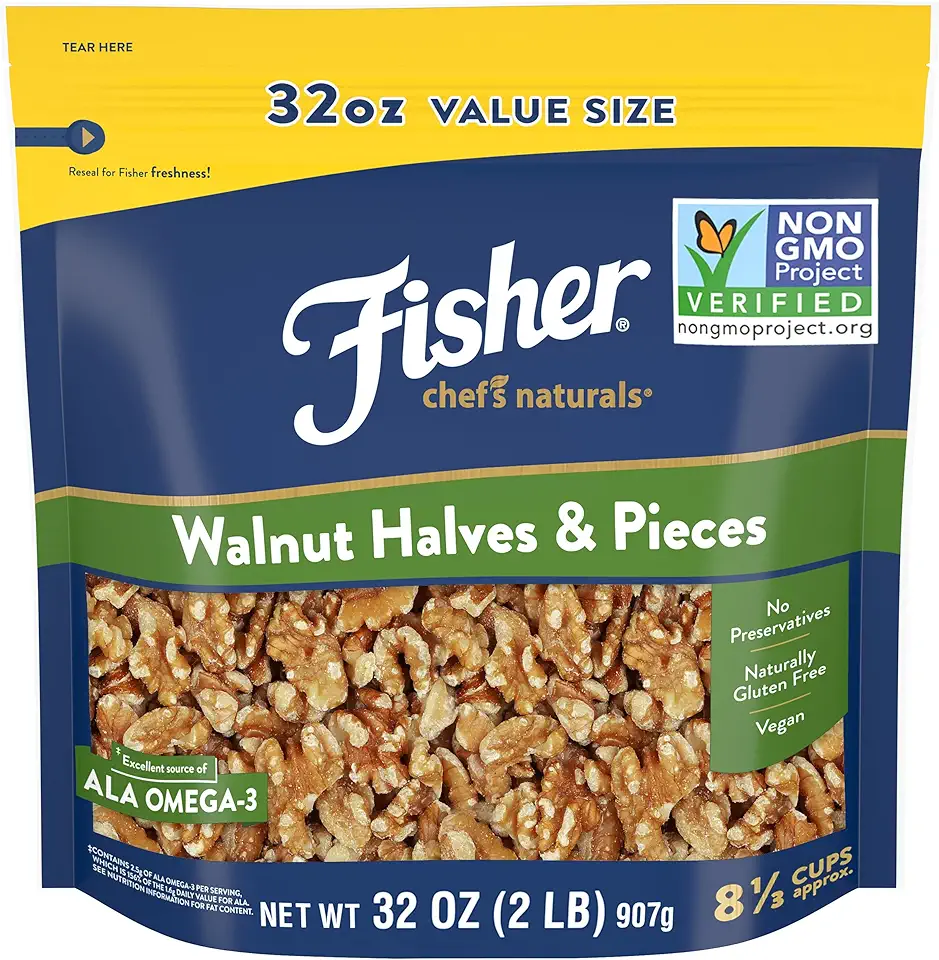 Fisher Chef&#x27;s Naturals Walnut Halves &amp; Pieces 2 lb, 100% California Unsalted Walnuts for Baking &amp; Cooking, Snack Topping, Resealable Bag, Great with Yogurt &amp; Cereal, Vegan Protein, Keto Snack