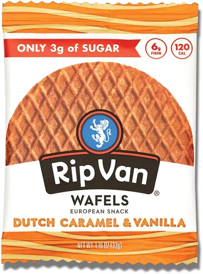 Rip Van Wafels Dutch Caramel &amp; Vanilla Stroopwafels, Healthy Snacks, Non-GMO, Low Calorie, Low Sugar (3g), Office Snacks, Keto Friendly, 12 Count