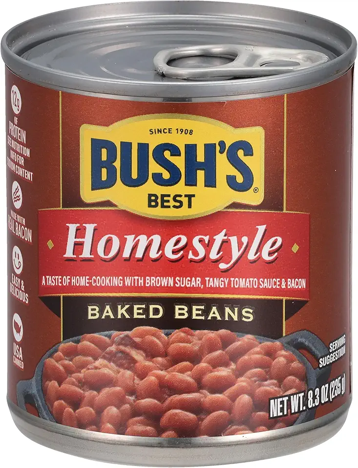 BUSH&#x27;S BEST 8.3 oz Canned Homestyle Baked Beans, Source of Plant Based Protein and Fiber, Low Fat, Gluten Free, (Pack of 12)