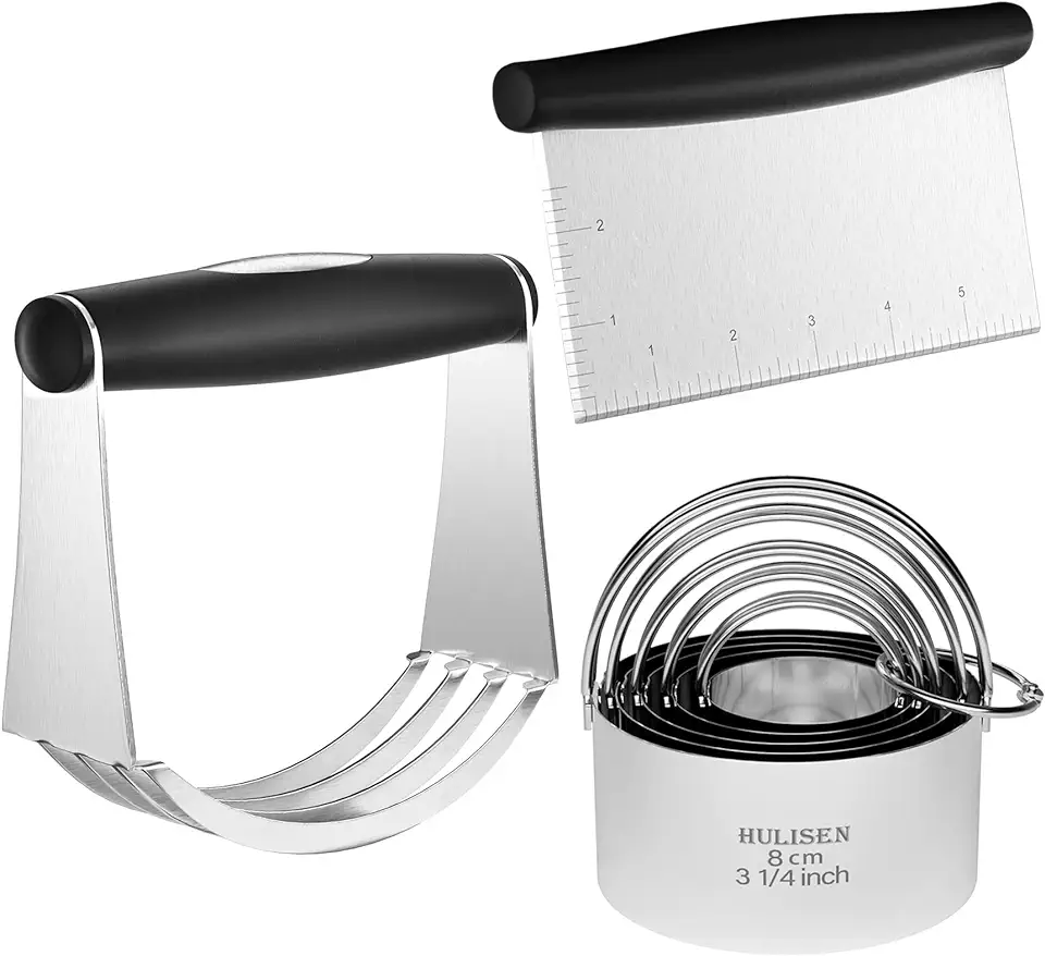 HULISEN Stainless Steel Biscuit Cutter Set, Pastry Scraper and Dough Blender, Sturdy &amp; Long-Lasting with Ergonomic Rubber Grip, Professional Baking Dough Tools, Gift Package (3 Pcs/Set)