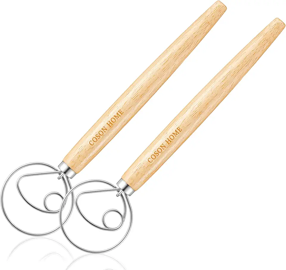 Pack of 2 Danish Dough Whisk Blender Dutch Bread Whisk Hook Wooden Hand Mixer Sourdough Baking Tools for Cake Bread Pizza Pastry Biscuits Tool Stainless Steel Ring 13.5 inches 0.22 lb/pcs…