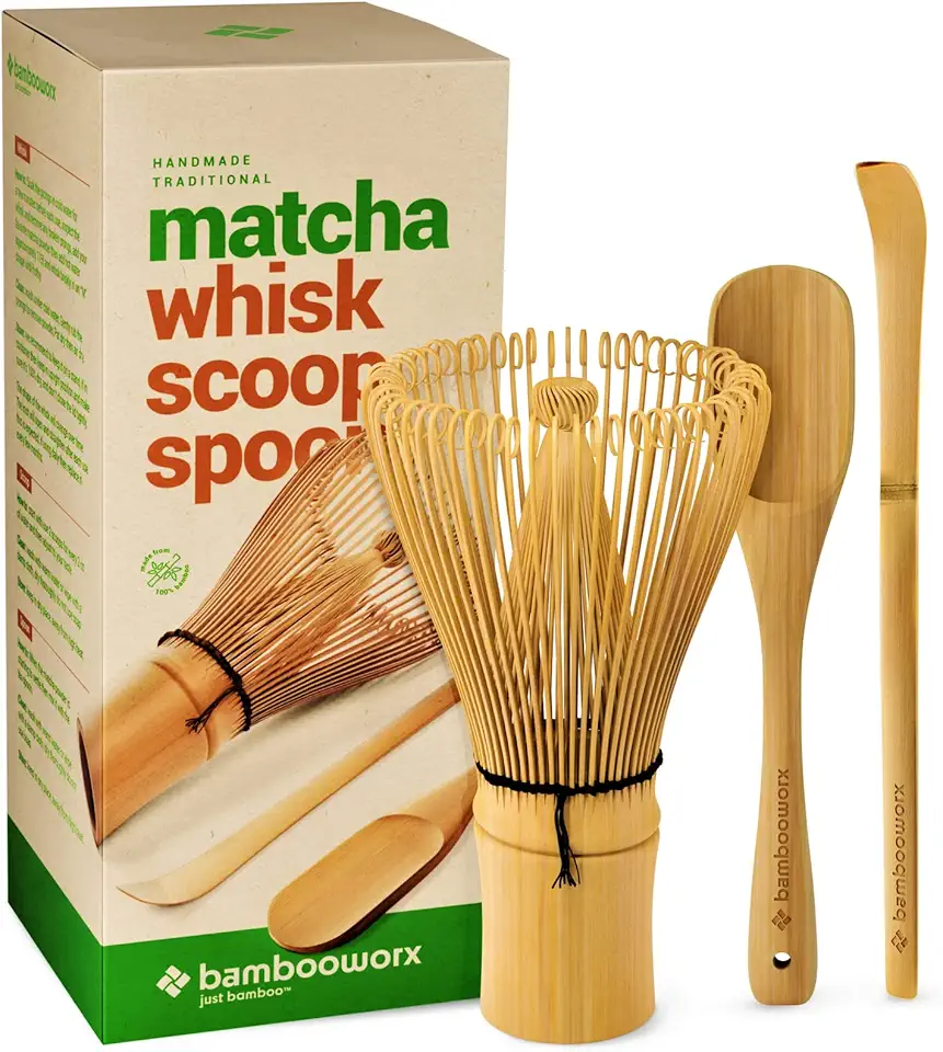 BambooWorx Matcha Whisk Set - Matcha Whisk (Chasen), Traditional Scoop (Chashaku), Tea Spoon. The Perfect Set to Prepare a Cup of Japanese Matcha Tea, Handmade from 100% Natural Bamboo