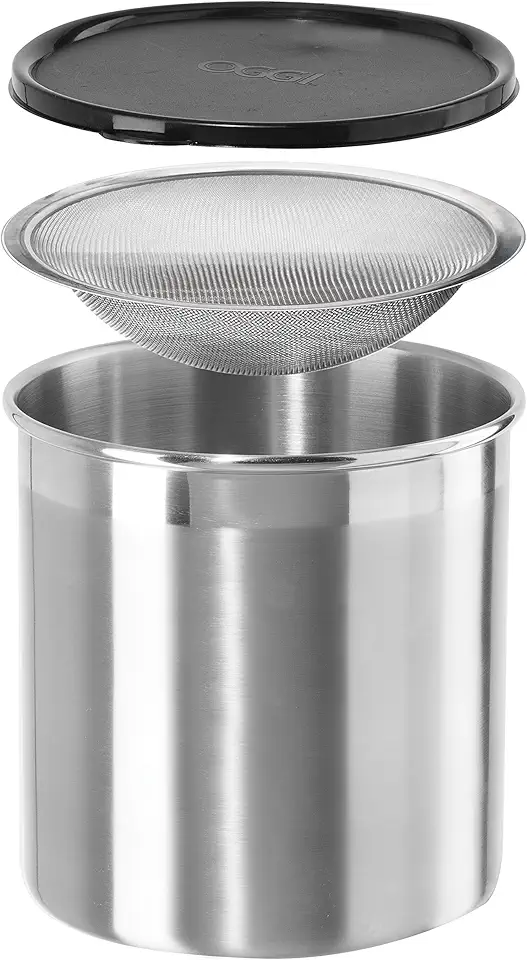 Oggi Stainless Steel Jumbo Grease Container with Removable Strainer and Snug Lid. Perfect container for fryer oil, bacon drippings, lard and ghee oil. Large capacity can - 1 Gall / 4 Qt / 3.75 Lt