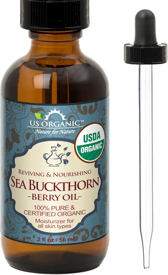 US Organic Sea Buckthorn Berry (Fruit) Oil, Supercritical CO2 extracted, USDA Certified Organic,100% Pure Virgin, Unrefined in Amber Glass Bottle, Face, Hair, spot treatment, Anti Aging, 2 oz (56 ml)