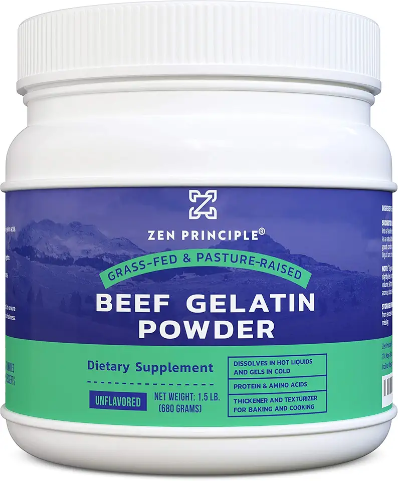 Zen Principle Grass-Fed Gelatin Powder, 1.5 lb. Custom Anti-Aging Protein for Healthy Hair, Skin, Joints &amp; Nails. Paleo and Keto Friendly. Cooking and Baking. GMO-Free and Gluten-Free. Unflavored.