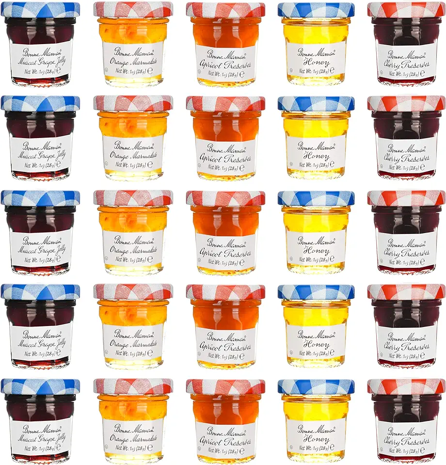 Bonne Maman Jam Assorted - 30 jelly jars x 1 ounce - 5 Apricot, 5 Orange, 5 Cherry, 5 Honey, 5 Grape, 5 Blueberry