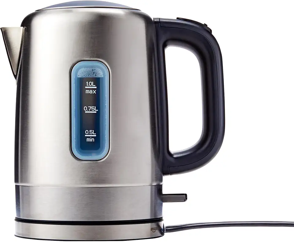 Amazon Basics Electric Kettle, Stainless Steel, Portable Fast-Boiling, Kettle for Boiling Water, Tea and Coffee, Auto Shut-Off and Boil Dry Protection, 1.1 Quarts, Black and Silver