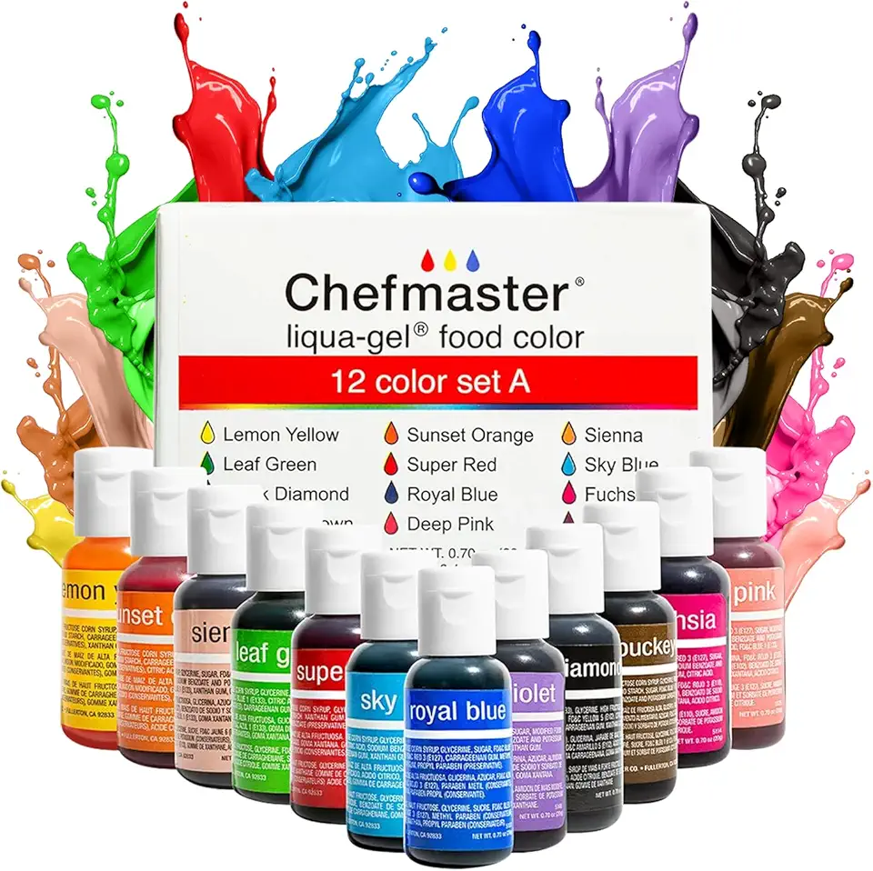 Chefmaster - Liqua-Gel Food Coloring - Fade Resistant Food Coloring - 12 Pack - Vibrant, Eye-Catching Colors, Easy-To-Blend Formula, Fade-Resistant