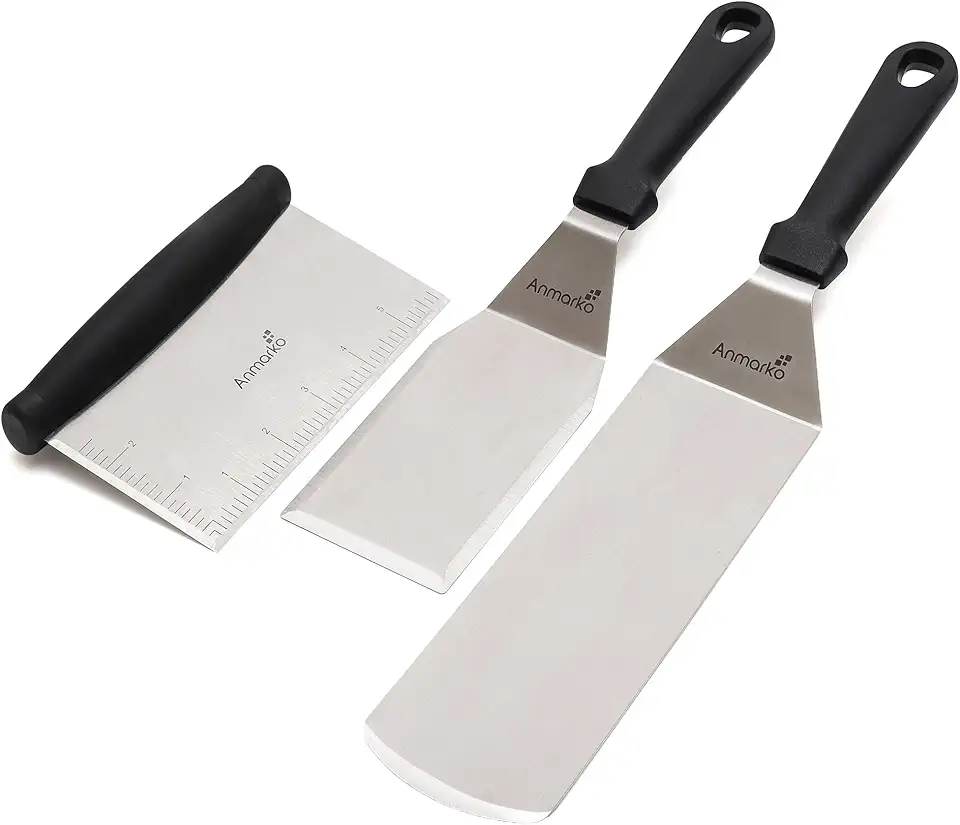 Metal Spatula Stainless Steel and Scraper - Professional Chef Griddle Spatulas Set of 3 - Heavy Duty Accessories Great for Cast Iron BBQ Flat Top Grill Skillet Pan - Commercial Grade