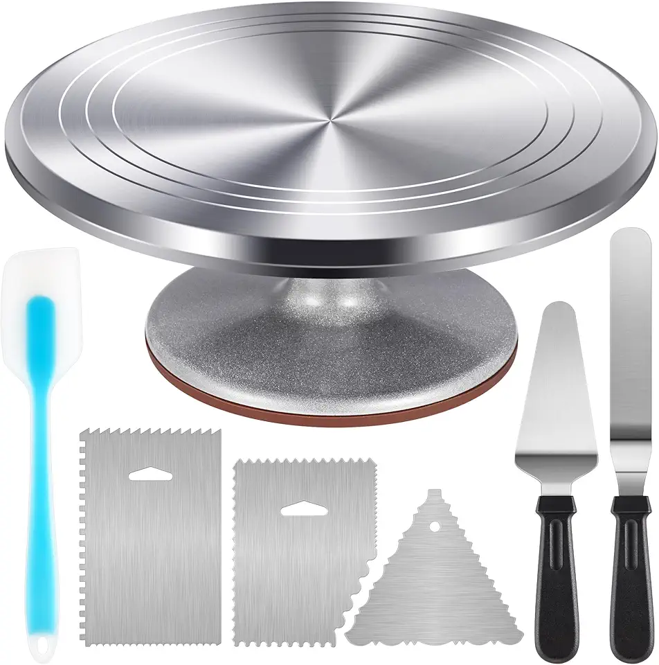 Kootek Aluminium Cake Turntable Set, Baking Tools with Revolving 12&quot; Cake Stand for Decorating, 12.7&quot; Offset Spatula, 3 Stainless Steel Frosting Icing Smoother, Cake Serve Cake Decorating Kit Supplies