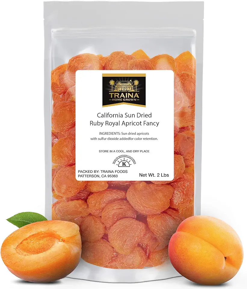 Traina Home Grown California Sun Dried Fancy Ruby Royal Apricot Halves - SEASONAL/LIMITED - Healthy, No Sugar Added, Non GMO, Gluten Free, Kosher Certified, Vegan, Packed in Resealable Pouch (2 lbs)