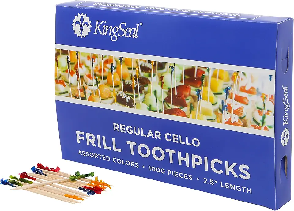 KingSeal Regular Frill Toothpicks, Assorted Colors, 2.5 Inch length, Bamboo, Ideal for Appetizers and Cocktails - 5 Packs of 1000 Each (5000 Count)