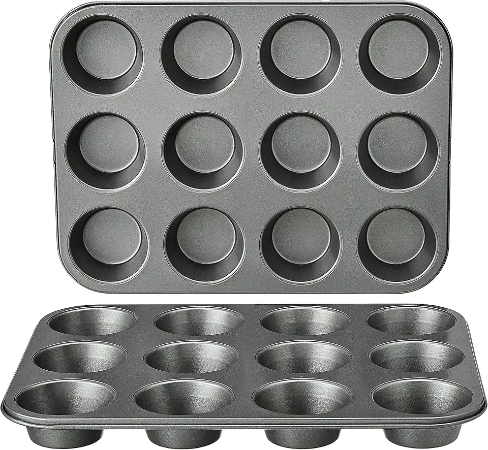 Amazon Basics Nonstick Round Muffin Baking Pan, 12 Cups, Set of 2, Gray, 13.9x10.55x1.22&quot;