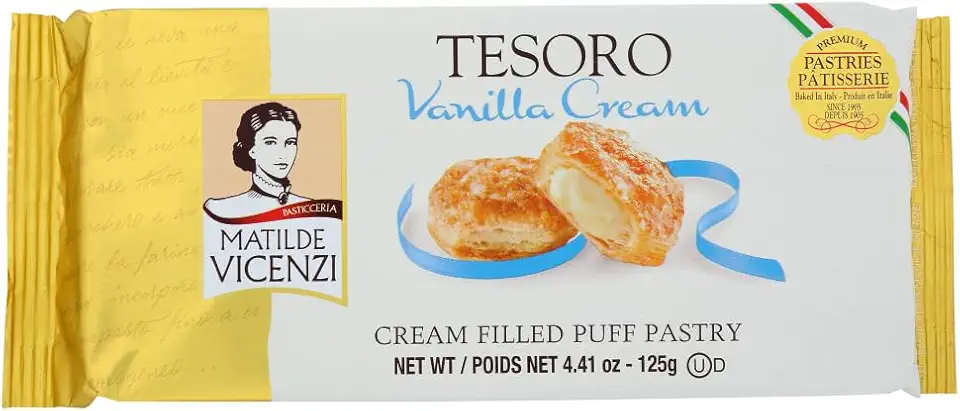 Tesoro Vanilla Filling by Pasticceria Matilde Vicenzi, Vanilla Cream Filled Puff Pastry Patisserie, Kosher Dairy, Made in Italy, 4.41oz (125g), 4-Pack