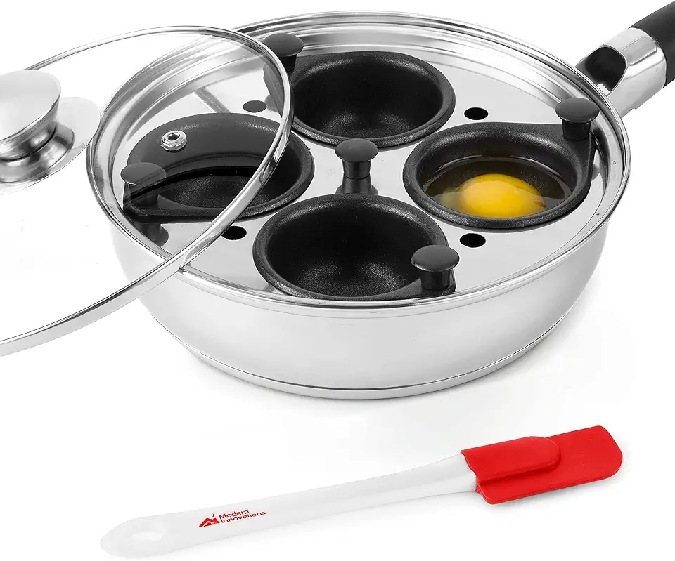 Modern Innovations Egg Poacher Pan for Perfect Poached Eggs, Nonstick Cups Poached Egg Maker Pan, Stainless Steel Easy Egg Cooker, Poaching Eggs Benedict Maker, Silicone Spatula