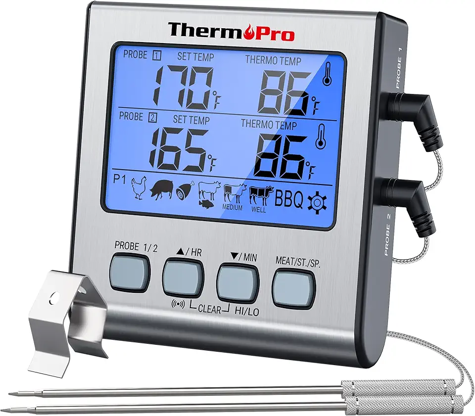 ThermoPro TP17 Dual Probe Digital Cooking Meat Thermometer Large LCD Backlight Food Grill Thermometer with Timer Mode for Smoker Kitchen Oven BBQ, Silver