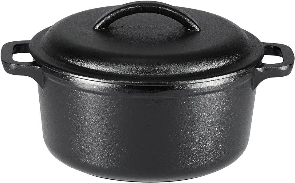 Amazon Basics Round Pre-Seasoned Cast Iron Mini Dutch Oven Pot with Lid and Dual Handles, 2-Quart, Black