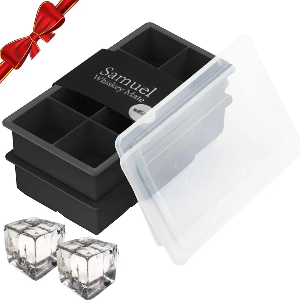 Samuelworld Large Silicone Ice Cube Tray Molds, 2-Pack, Big 2 Inch Cubes - BPA Free, Flexible, 8 Cavity Easy Release Slow Melting Ice for Whiskey, Cocktails, Gifts - Black (With Lids)