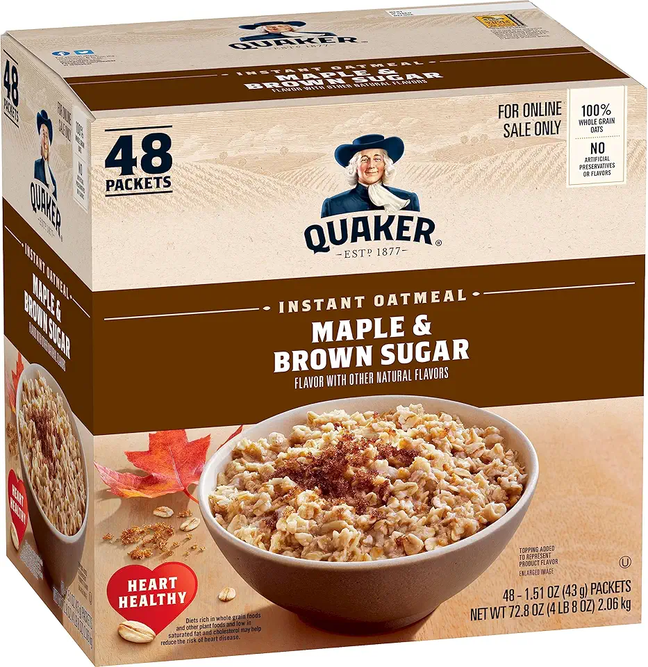 Quaker Instant Oatmeal, Maple &amp; Brown Sugar, Individual Packets, 1.51 Ounce (Pack of 48)