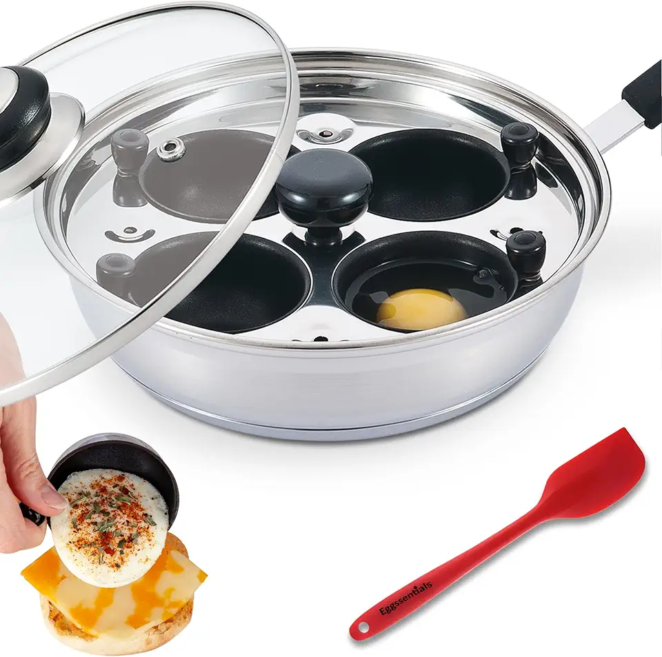 Egg Poacher - Eggssentials Poached Egg Maker, Stainless Steel Egg Poaching Pan, Poached Eggs Cooker Food Grade Safe PFOA Free with Spatula.