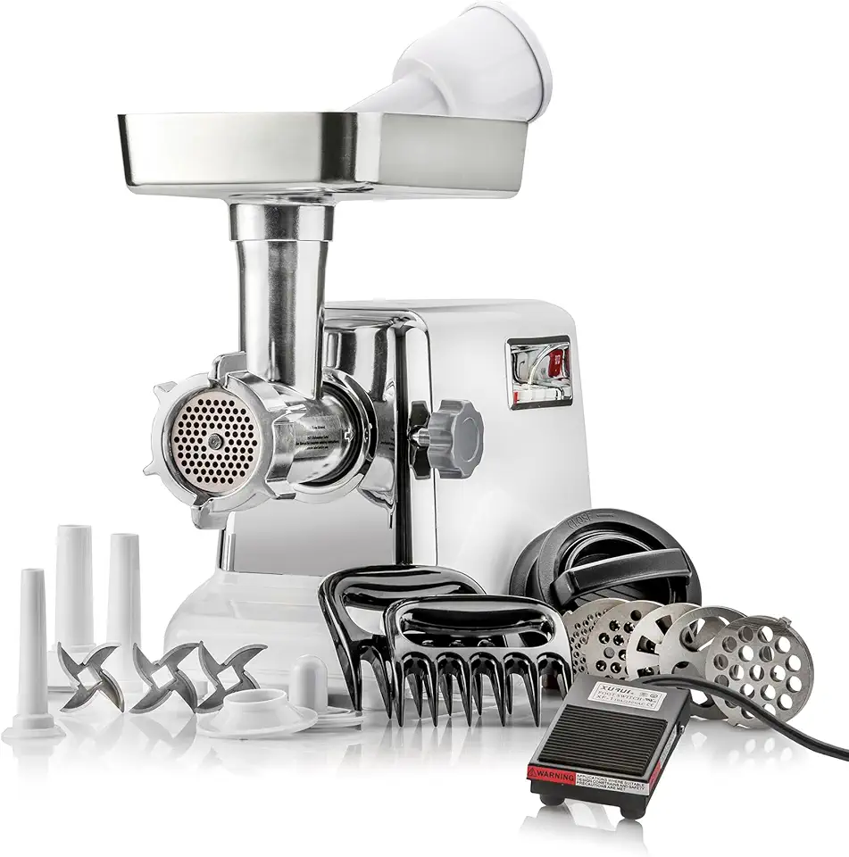 Turboforce 3000 Series 6-In-1 Powerful Size #12 Electric Meat Grinder with Foot Pedal • Sausage Stuffer • Kubbe Maker • Patty Press • 2 Meat Claws • 3 S/S Blades • 5 Grinding Plates