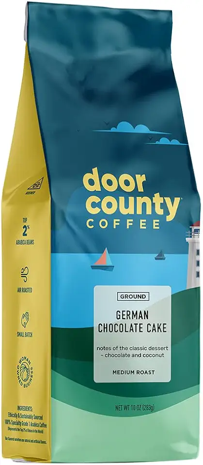 Door County Coffee German Chocolate Cake Flavored Coffee | 10oz Bag | Ground Coffee Medium Roast | 100% Arabica Coffee | German Chocolate Cake