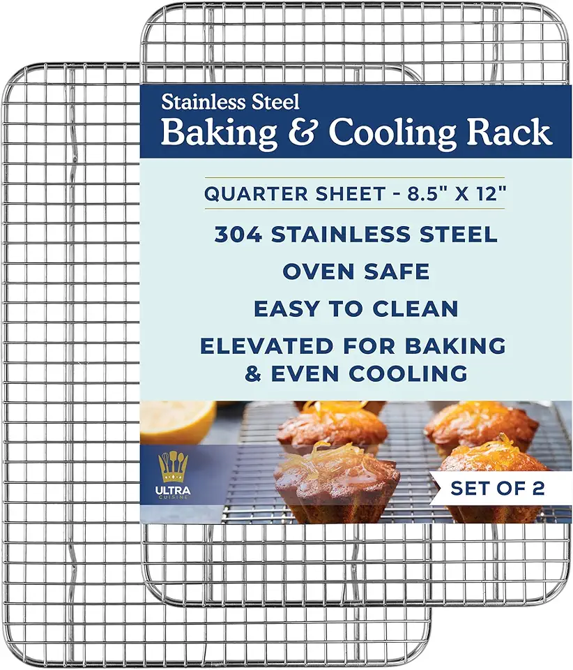 Oven-Safe, Dishwasher-Safe 100% Stainless Steel Cooling and Baking Rack Set - Tight-Wire Racks for Oven Cooking - Food-Safe, Heavy Duty - 8.5x12-inch - Set of 2 - Small Quarter Sheet Pan Cooling Racks