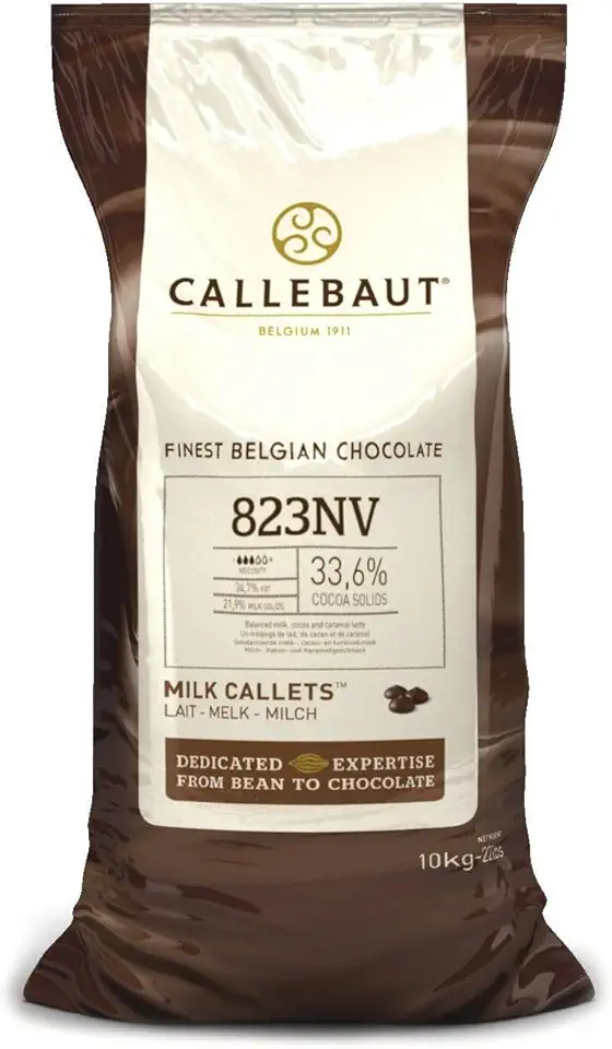 Callebaut 823 Milk Chocolate Callets - 22 LBS Belgian Baking Chocolate Callets - Min 30.2% Cocoa butter, 4.9% fat free cocoa, 6% Milk fat, 15.8% Fat free milk - Recipe 823NV-595 - 22 Lbs (10 kg)