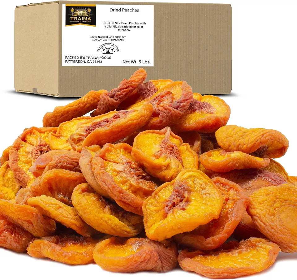 Traina Home Grown California Extra Fancy Sun Dried Peach Halves - Healthy, No Sugar Added, Non GMO, Gluten Free, Vegan, Value Size (5 lbs)