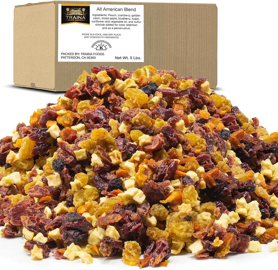 Traina Home Grown All American Sun Dried Fruit Blend -Diced Peaches, Cranberries, Blueberries, Apples, Golden Raisins, Non GMO, Gluten Free, Value Size (5 Pounds)