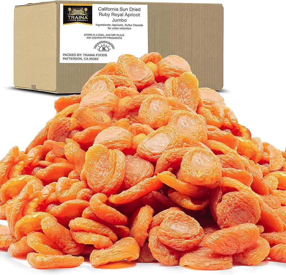 Traina Home Grown California Sun Dried Jumbo Ruby Royal Apricot Halves - SEASONAL/LIMITED - Healthy, No Sugar Added, Non GMO, Gluten Free, Kosher Certified, Vegan, Value Size (5 lbs)