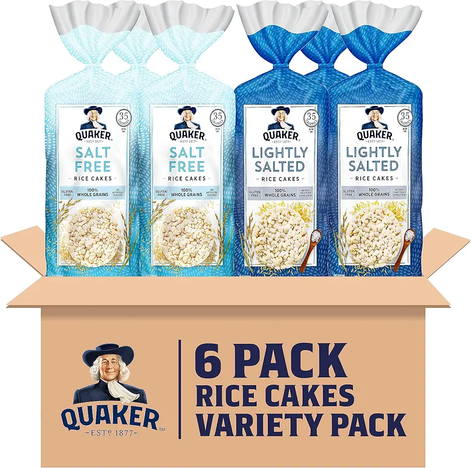 Quaker Large Rice Cakes, Gluten Free, Lightly Salted + Salt Free Variety Pack, 4.47 Ounce (Pack of 6)