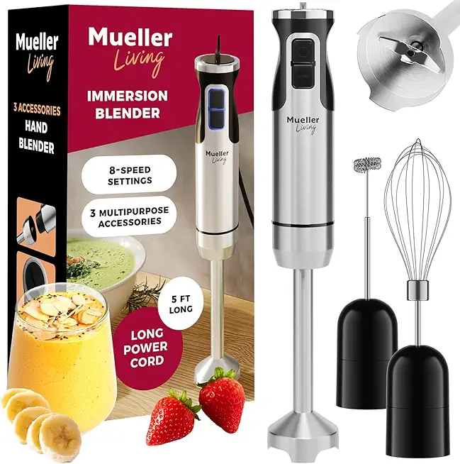 MuellerLiving Immersion Blender Handheld - 8 Speed Stainless Steel Electric Hand Blender, 3 in 1 Emulsion Blender Handheld with Turbo Mode, Stick Blender Emulsifier for Soup, Smoothie, Puree