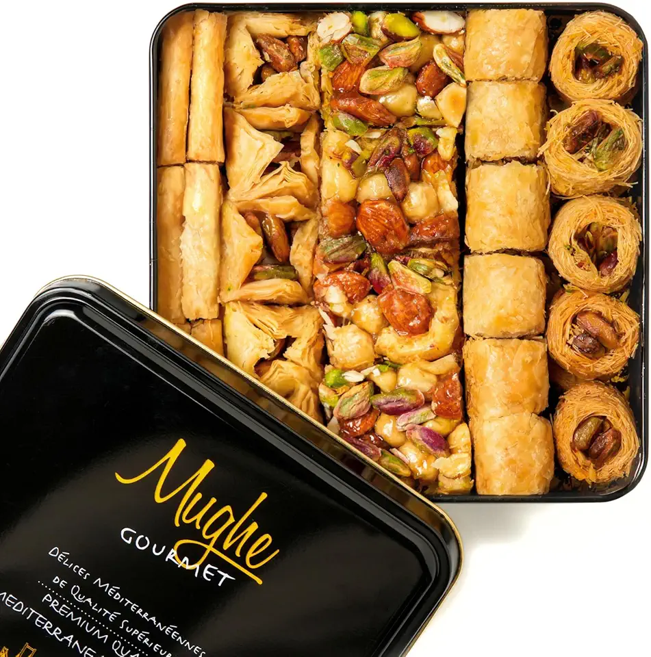 Mughe Gourmet Luxury Baklava Pastry Metal Gift Box - 1.65lb/750g - Rich Pistachios, Walnuts, Cashews Double Layered Halal Baklawa Dessert Basket- Perfect for Christmas, Sweet Food Gifts for Women, Men